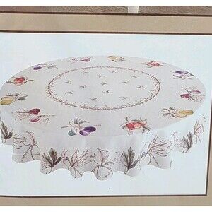 Portmeirion Nature's Bounty 70” Round Tablecloth Polyester White Fruits New
